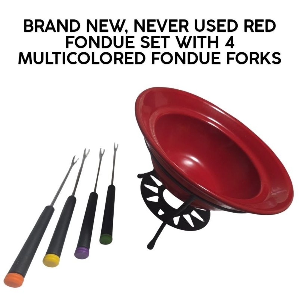 BRAND NEW RED FONDUE SET WITH STAND, VOTIVE CANDLE & 4 MULTICOLORED FONDUE FORKS
